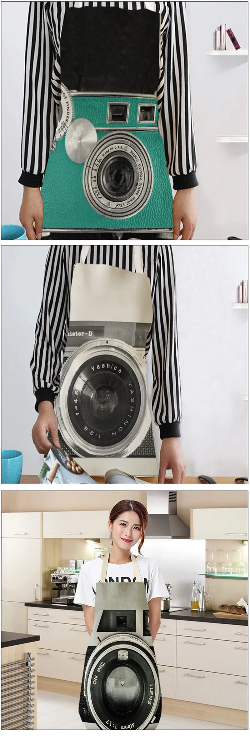 Retro Camera Pattern Kitchen Aprons Woman Girl Cotton