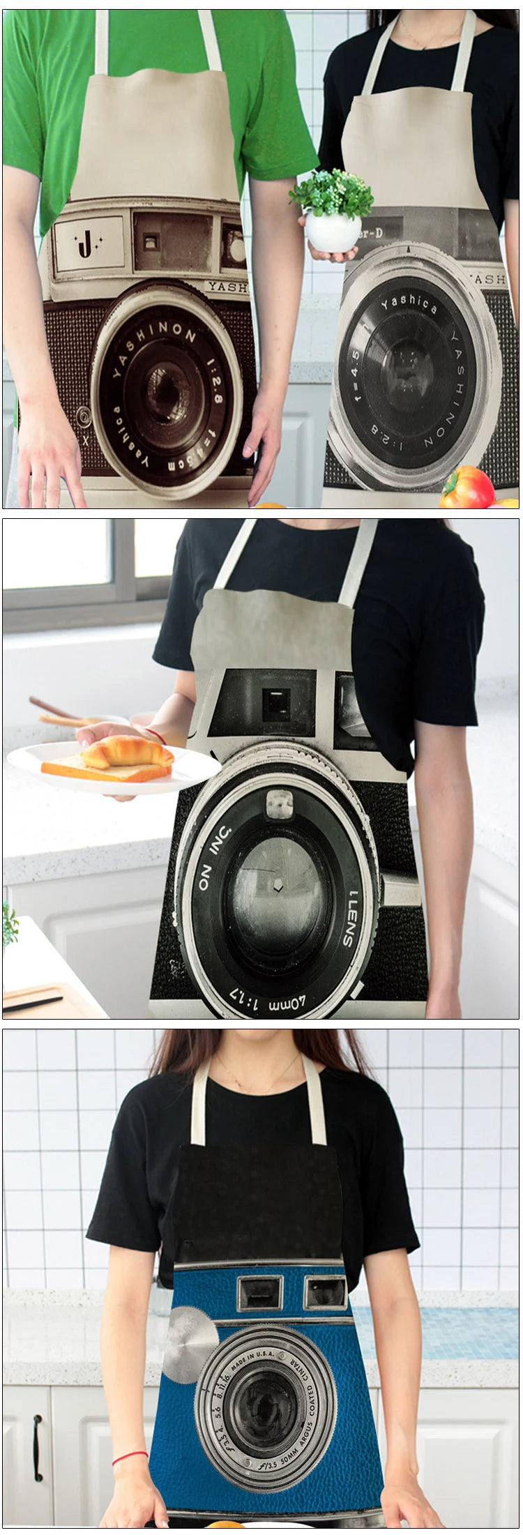 Retro Camera Pattern Kitchen Aprons Woman Girl Cotton