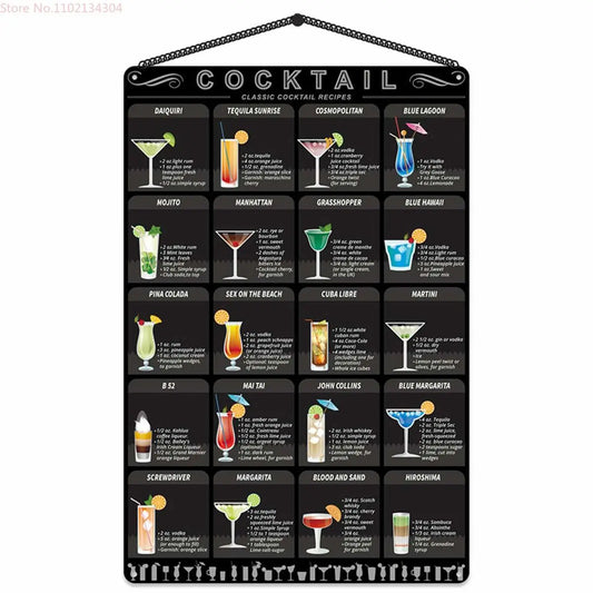Metal cocktail Menu Tin Sign Retro Mixology Recipe Lovers Guide Bar Pub Iron Chain Hanger Decor Drink Alcoholic Poster Rustic